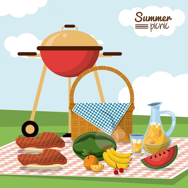 picnic de verano con canasta de mantel con parrilla de carbón