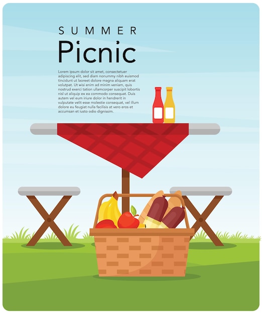 Picnic de verano y canasta de picnic con ilustraciones de frutas y postres