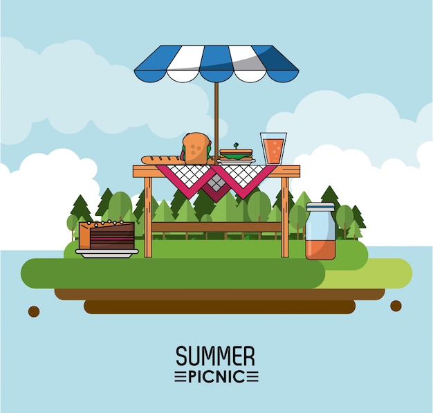 picnic de verano con mesa con sombrilla y alimentos