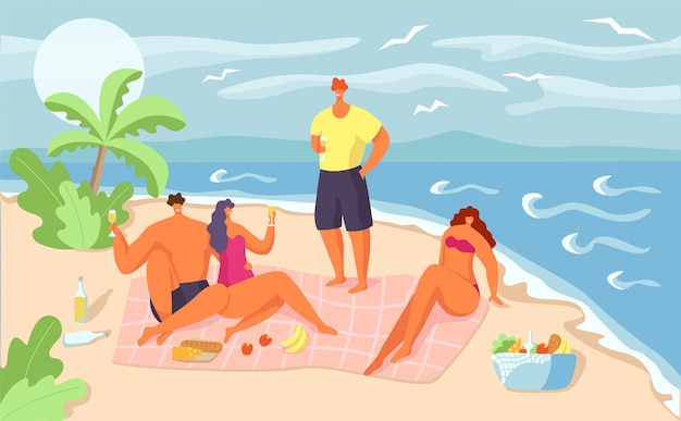 Picnic de verano para personas, ilustración. feliz hombre mujer en vacaciones en la playa, carácter familiar en el mar juntos. vacaciones al aire libre en la naturaleza del océano, ocio divertido en la arena.