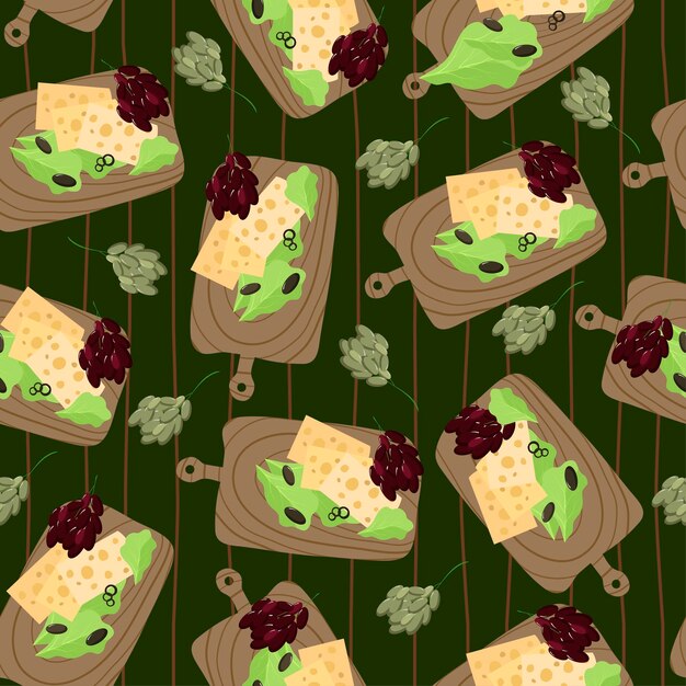 Vector picnic de verano verde de patrones sin fisuras ensalada de uvas de queso aceitunas en una tabla de cortar sobre un mantel