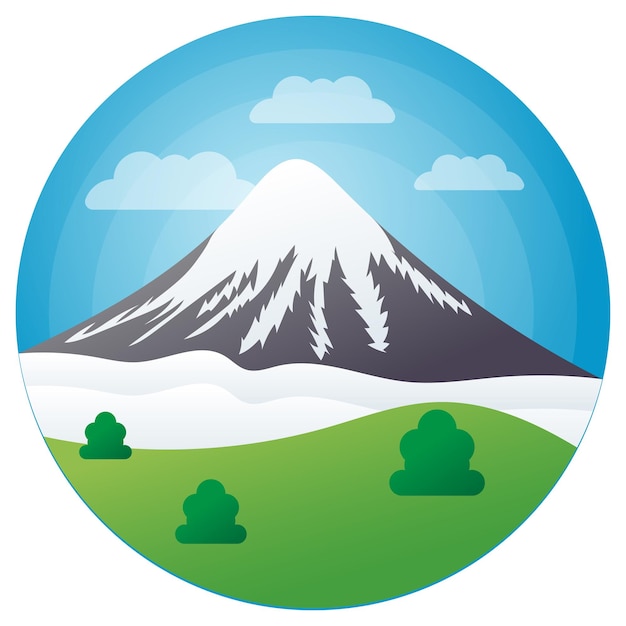 Pico nevado nublado con concepto de prados Paisaje verde con grandes montañas, colinas y nubes humeantes