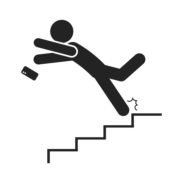 Pictograma aislado de un hombre cayendo en una escalera con un teléfono para señal de seguridad no use el teléfono móvil en la escalera