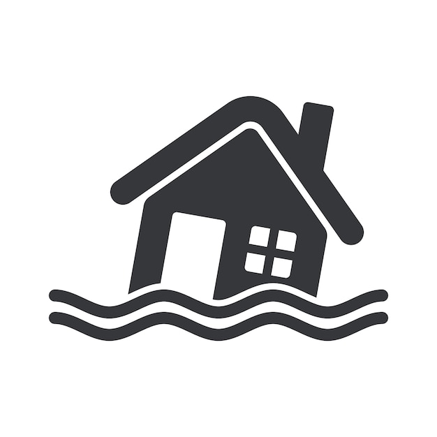 Pictograma aislado que muestra una casa sumergida en el agua que simboliza un edificio inundado y una zona inundada