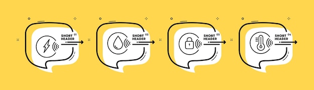 Pictograma conjunto icono Energía relámpago caída de agua bloqueo contraseña protección temperatura Salvar el concepto del planeta Línea de tiempo infográfica con iconos y 4 pasos