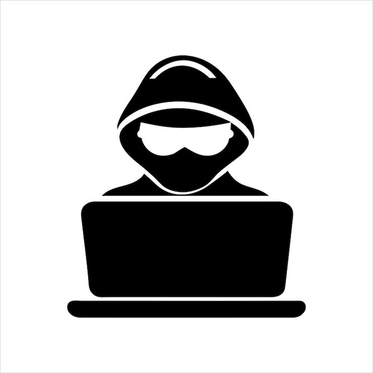 Vector pictograma hacker logotipo de ciberseguridad hombre trabajando en un icono de seguridad informática