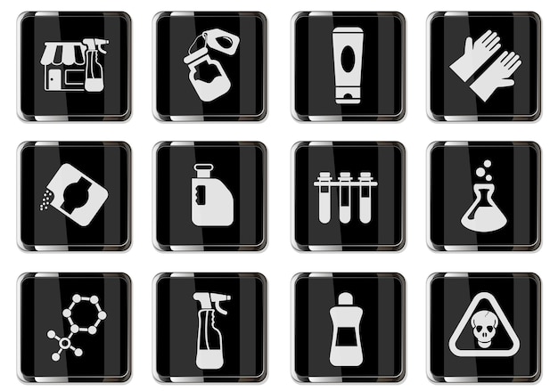 Pictogramas de almacén de productos químicos en botones cromados negros. conjunto de iconos vectoriales para el diseño de la interfaz de usuario