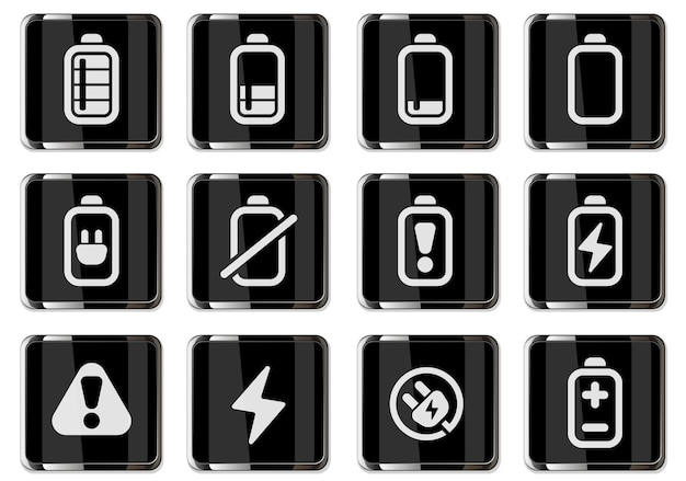Pictogramas de batería en iconos de botones cromados negros conjunto aislado para el diseño de la interfaz de usuario