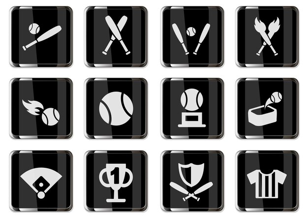 Pictogramas de béisbol en botones cromados negros. conjunto de iconos para su diseño. iconos vectoriales