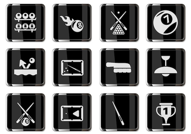 Pictogramas de billar en botones cromados negros. conjunto de iconos para su diseño. iconos vectoriales