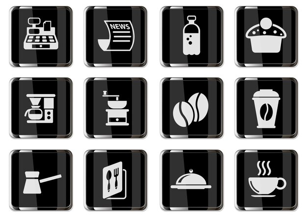 Pictogramas de cafetería en botones cromados negros. conjunto de iconos para su diseño. iconos vectoriales