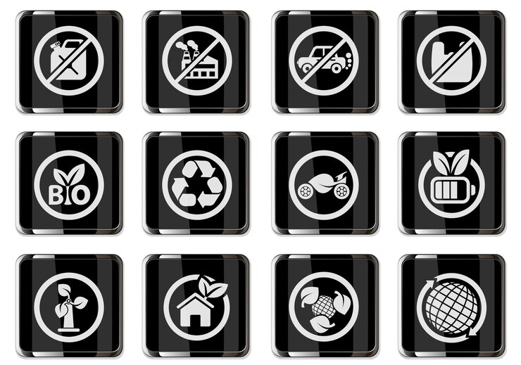 Vector pictogramas de ecología en botones cromados negros. conjunto de iconos para el diseño de la interfaz de usuario