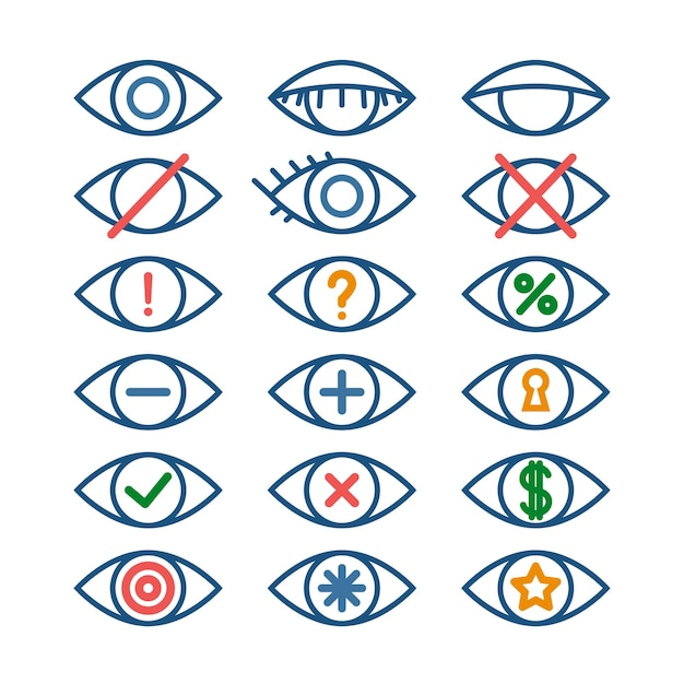 Pictogramas oculares para diferentes acciones conjunto de contorno signos oculares emblemas logo vector operación iconos