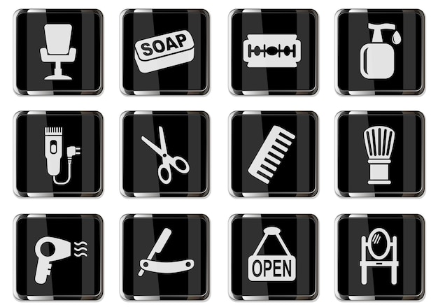 Pictogramas de peluquería en botones cromados negros. conjunto de iconos para su diseño. iconos vectoriales