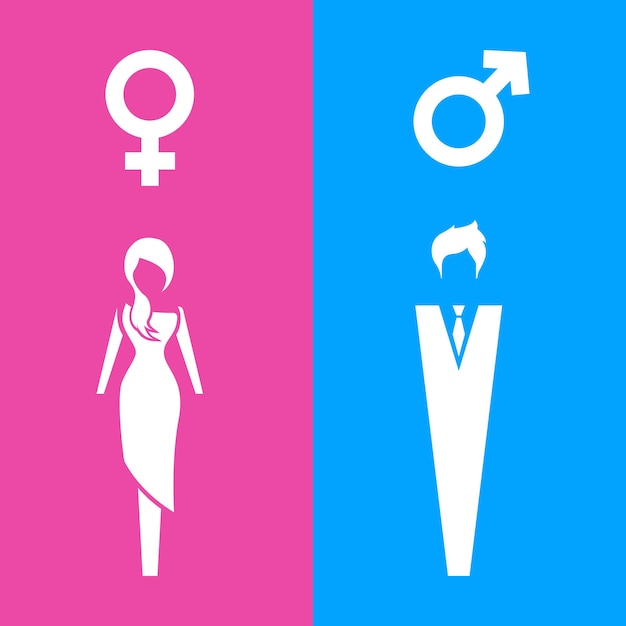 Pictogramas de puertas de baños. Icono de vector colorido de baño público de mujer y hombre con signo de género