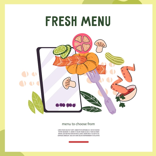 Pida comida deliciosa de su restaurante favorito banner o póster opciones de comida para llevar y entrega a casa Tome el menú de comida en línea comidas entrega vector banner o plantilla de póster