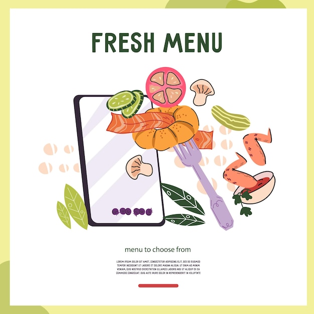 Vector pida comida deliciosa de su restaurante favorito banner o póster opciones de comida para llevar y entrega a casa tome el menú de comida en línea comidas entrega vector banner o plantilla de póster