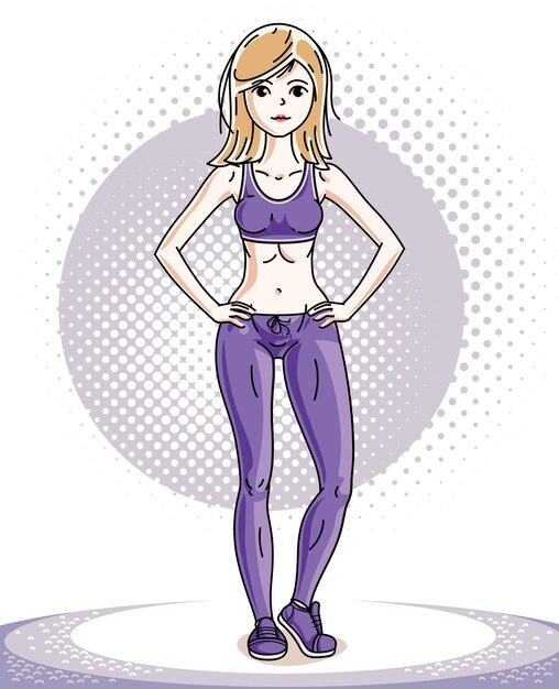 Pie adulto de la mujer delgada rubia hermosa joven. ilustración de vector de señora agradable vistiendo polainas y camisa corta. ejercicio y tema de entrenamiento.