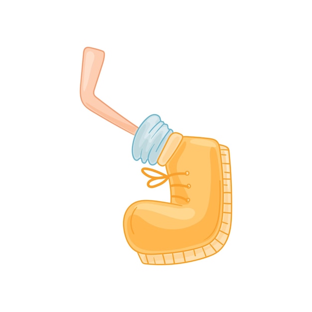 Pie de dibujos animados en una bota amarilla y un calcetín azul hace un movimiento Vista izquierda Ilustración vectorial sobre fondo blanco