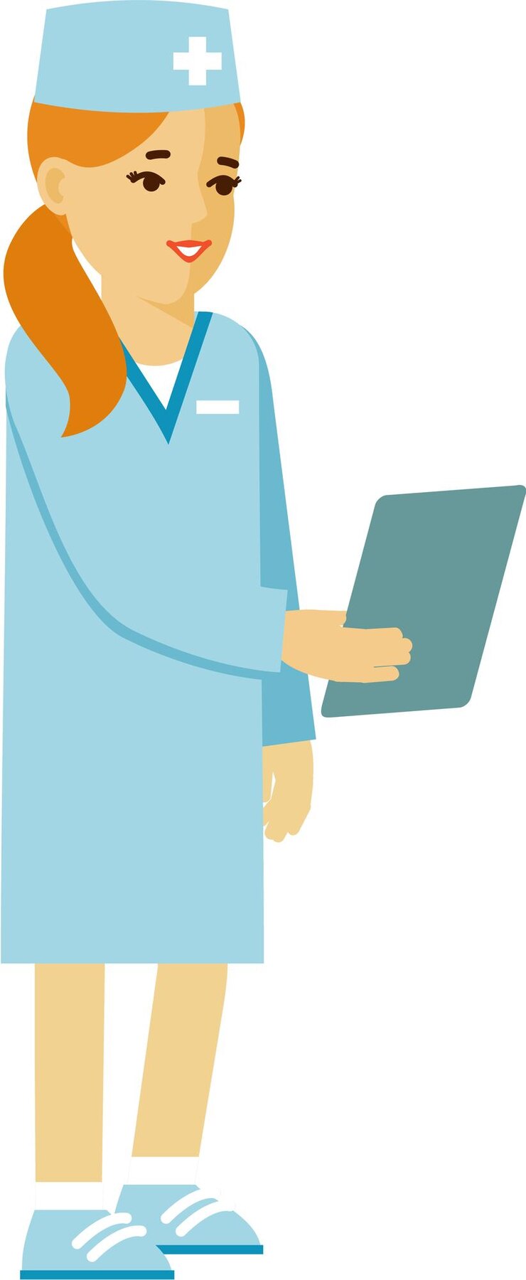 Vector de pie joven enfermera médico mujer con carpeta estilo plano