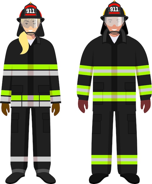 Vector de pie juntos bombero y bombero en traje de bombero protector e icono de casco en estilo plano