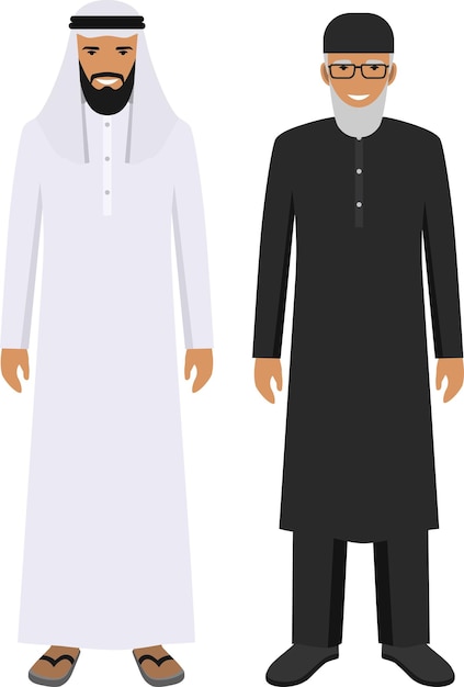 De pie juntos viejo y joven hombre árabe en ropa árabe musulmana tradicional en estilo plano
