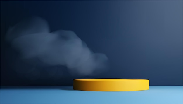 Píedestal de podio de cilindro amarillo con aire de humo sala de exposición azul oscuro para presentación de productos ilustración vectorial realista soporte de círculo brillante en 3D con exhibición de vitrina publicitaria de niebla de niebla abstracta