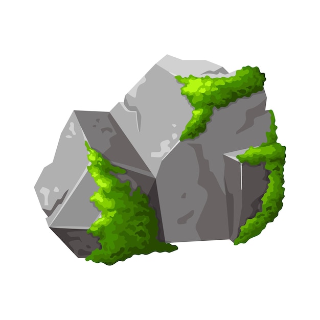 Piedra gris con musgo verde Elemento de la naturaleza forestal Roca de montaña Signo de juego de roca para el diseño Ilustración vectorial aislada sobre fondo blanco