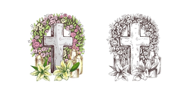piedra de mármol cruz de cristo con una corona velas y lirios vector dibujado a mano ilustración aislada