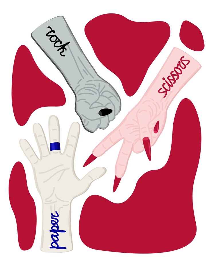 Vector piedra, papel, tijera, gestos con las manos, juego de signos de mano, ilustración aislada vectorial
