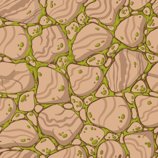 Piedra de pavimento con musgo Planta de musgo verde de dibujos animados se arrastra en la piedra de pavimento patrón sin costuras Ilustración de fondo vectorial de camino pavimentado plano