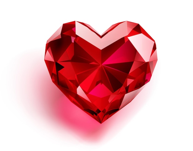 Una piedra preciosa roja vívida meticulosamente cortada en forma de corazón que muestra facetas brillantes y un resplandor radiante con una sombra suave sobre un fondo blanco