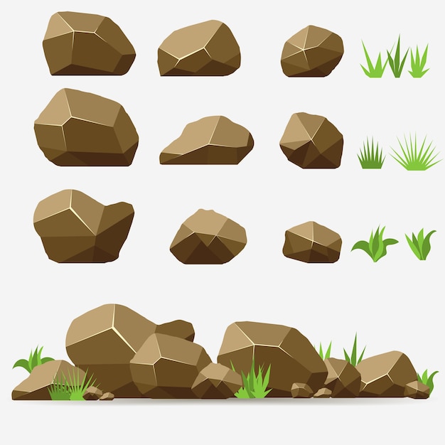 Vector piedra de roca con césped. piedras marrones y rocas en estilo plano isométrico 3d. conjunto de diferentes cantos rodados.