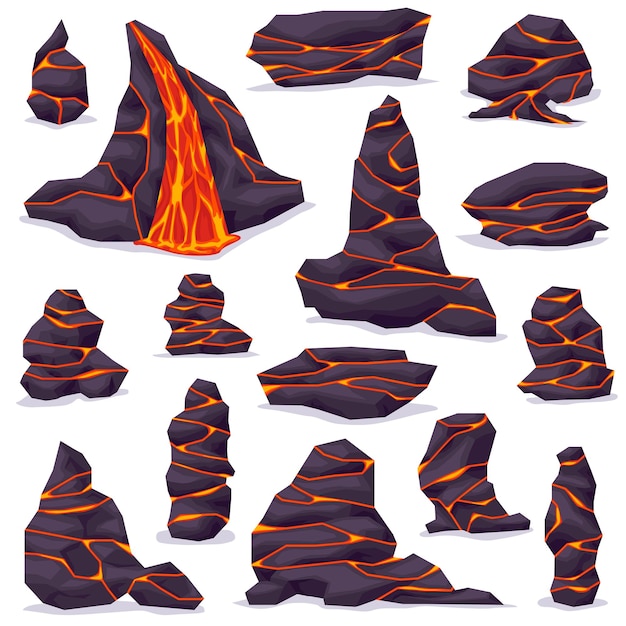 Piedra de roca volcánica con lava en grietas roca de lava con conjunto de ilustraciones vectoriales de grietas eps
