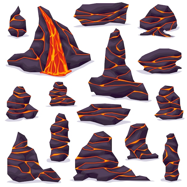 Vector piedra de roca volcánica con lava en grietas roca de lava con conjunto de ilustraciones vectoriales de grietas eps