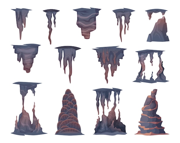 Piedras de estalagmitas montañas rocas naturales objetos en cueva conjunto de colección de vectores exactos