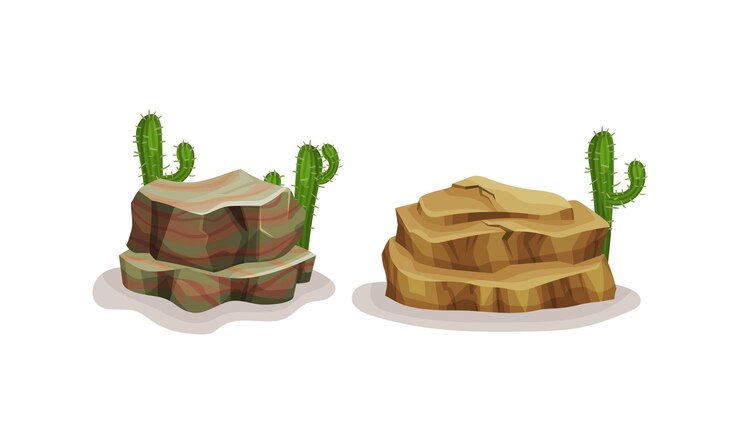 Vector piedras o rocas del desierto con un conjunto de vectores de cactus