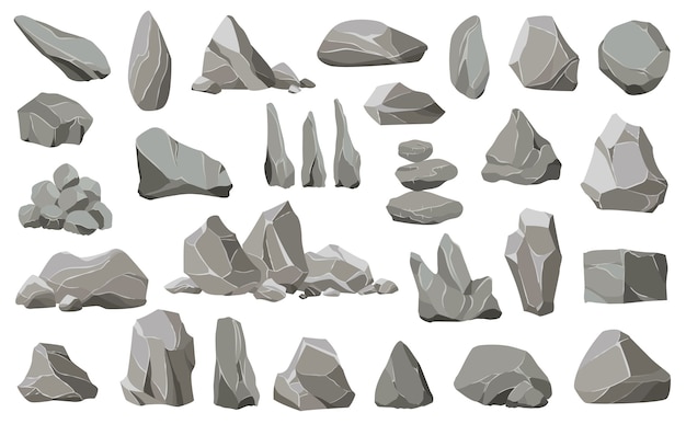 Piedras de roca y escombros de la montaña. Grava, piedra gris, piedras naturales de la pared. Colección de piedras de diversas formas.