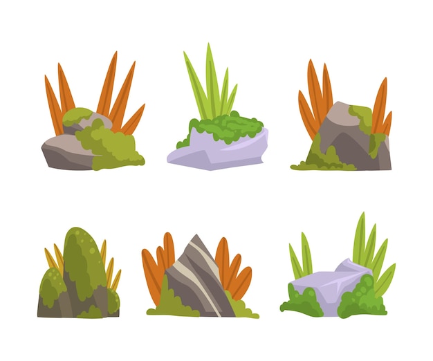 Piedras de roca con musgo verde y hierba Elementos de diseño de paisaje natural y de montaña del bosque conjunto ilustración vectorial de dibujos animados