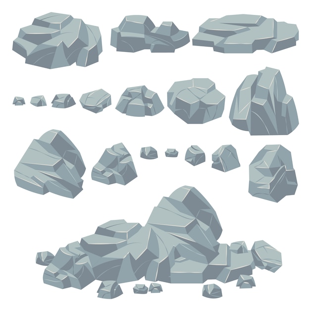 Piedras de roca. Rocas de piedra natural, cantos rodados masivos. Acantilado de adoquines de granito y montón de piedra para el paisaje de montaña. Conjunto de vectores de dibujos animados