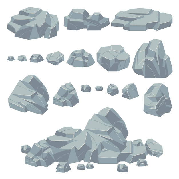 Vector piedras de roca. rocas de piedra natural, cantos rodados masivos. acantilado de adoquines de granito y montón de piedra para el paisaje de montaña. conjunto de vectores de dibujos animados