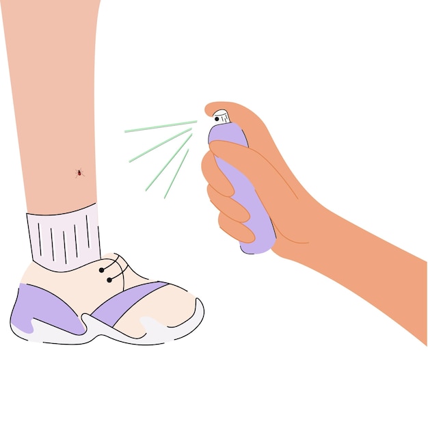 La pierna humana con la picadura de garrapata Protección contra mosquitos y otros insectos Aerosol