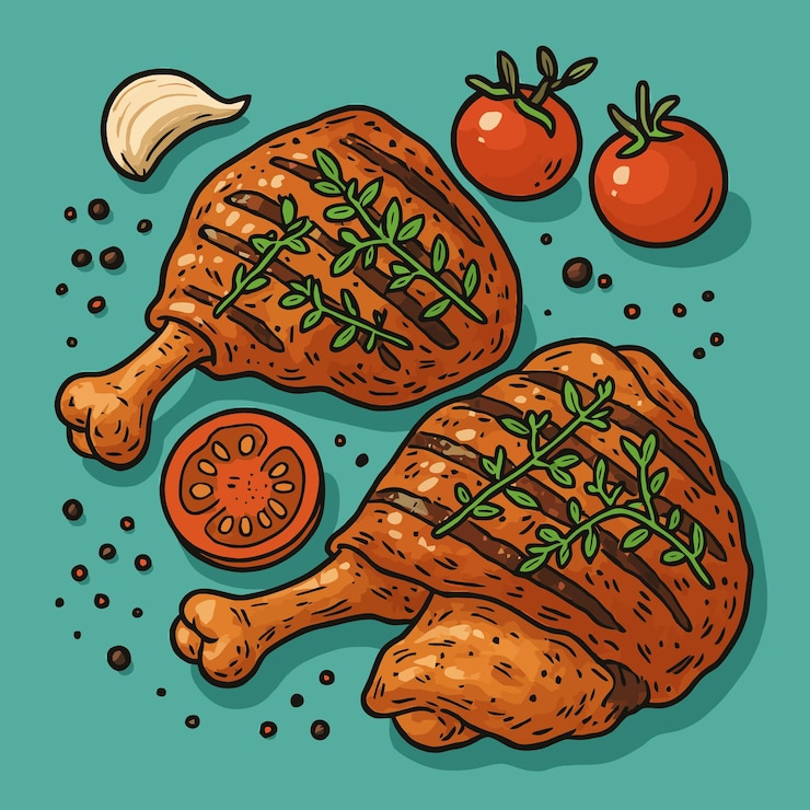 Vector pierna de pollo a la parrilla con tomates y ajo sobre un fondo turquesa