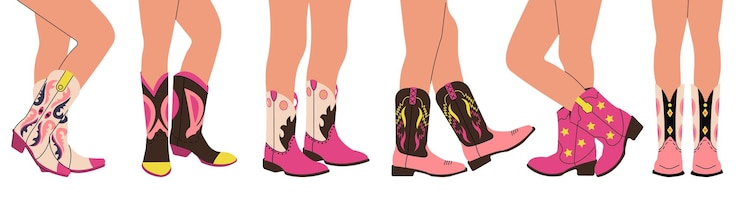 Vector piernas en botas de vaquero moda de piernas de vaquera mujeres jóvenes usan zapatos de estilo oeste salvaje occidental y texas dibujos animados accesorios de moda conjunto vectorial decente