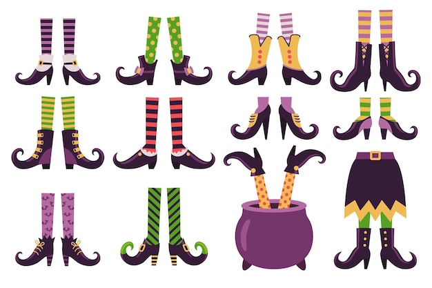 Vector piernas de bruja pies de brujas de dibujos animados en zapatos botas medias caldero olla halloween bruja pierna vestido verde falda traje aislado moda pie calcetines ingenioso vector ilustración