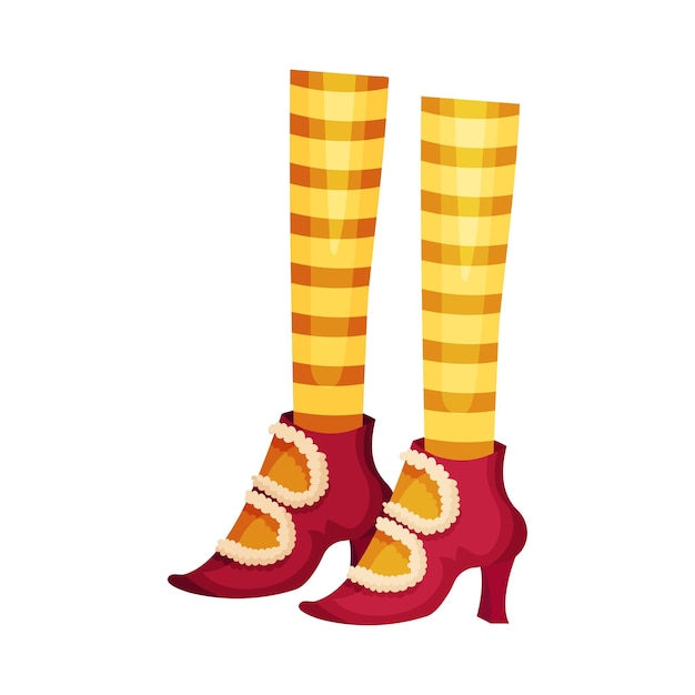 Piernas de elfo en medias a rayas y zapatos divertidos con un elemento vectorial de campana de jingle