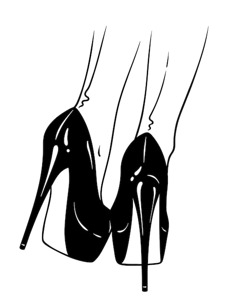 Piernas femeninas dibujadas a mano con tacones altos y medias cosidas Tatuaje flash o diseño de impresión en la ilustración de vector de estilo cómic noir