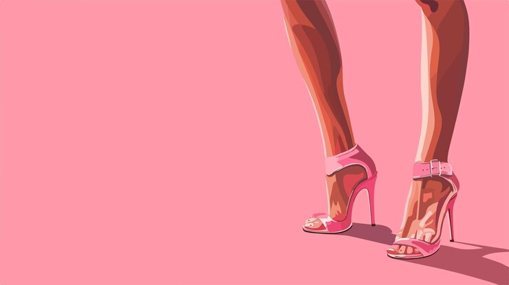 Vector piernas femeninas a la moda con elegantes sandalias de tacón alto sobre un fondo rosa