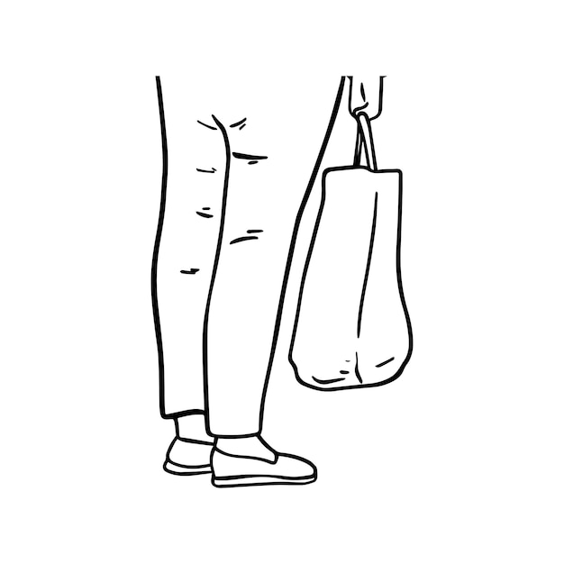 Piernas de mujer y mano con bolsa vista posterior hombre doodle dibujos animados lineales para colorear