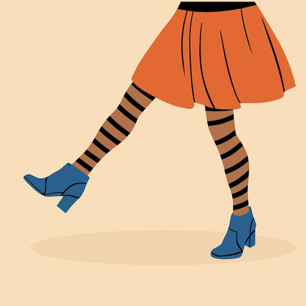 Piernas de mujer con zapatos de tacón alto y una divertida falda multicolor de estilo retro Vector